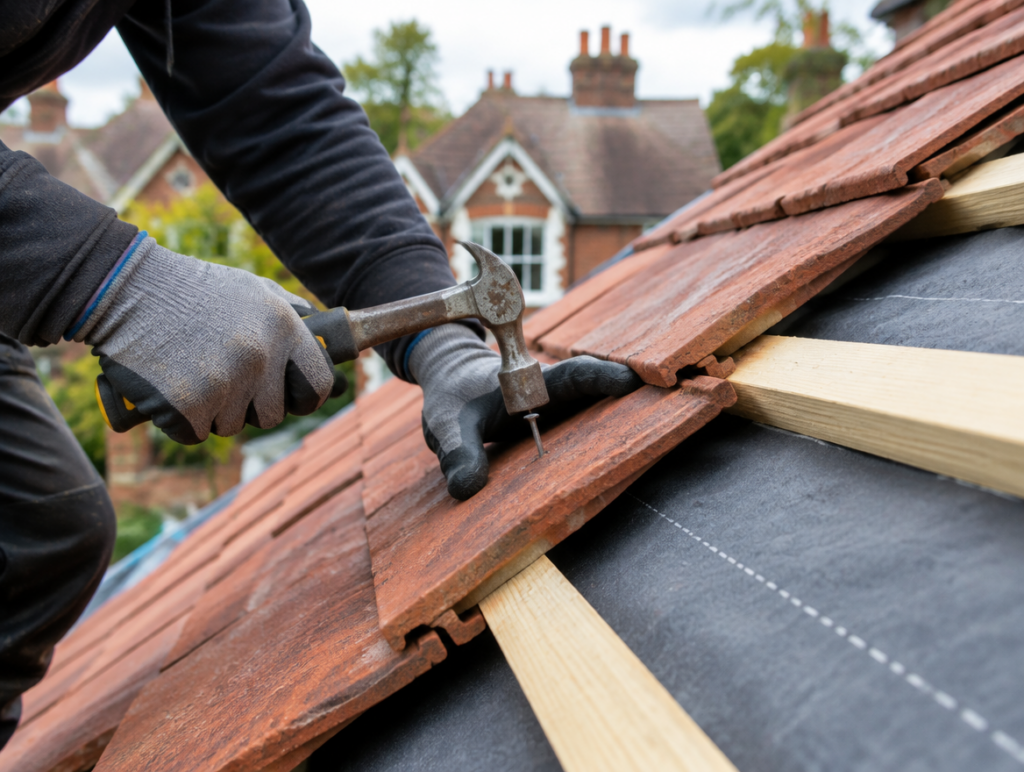 Roofer fixing a red clay roof tile onto new battens over breathable membrane