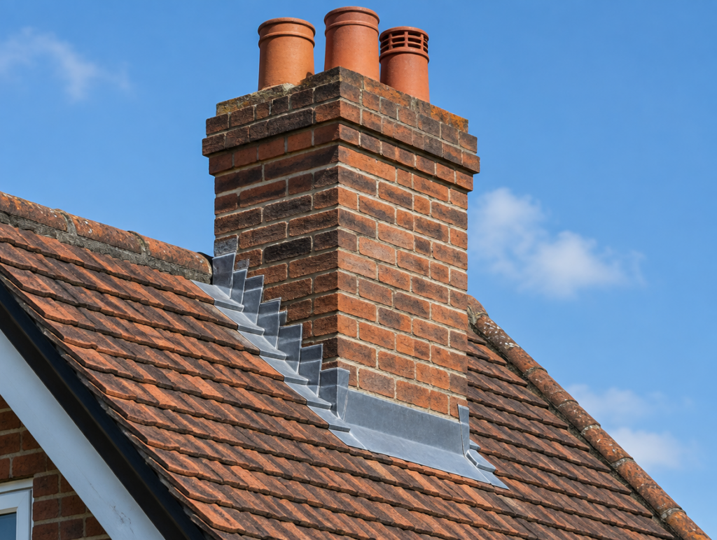 Brick chimney stack on a clay-tiled roof with lead step flashing